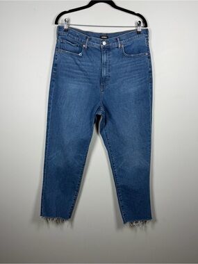 Express Mom Jeans Super High Rise Raw Hem Blue Denim Medium Wash Stretch Size 14